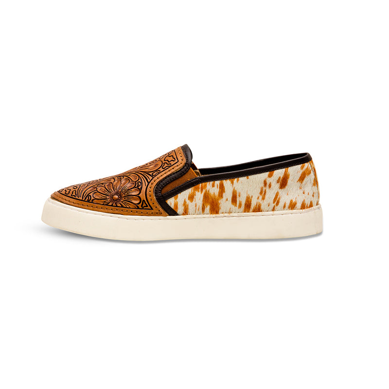 Brown and white hairon leather sneakers with intricate brown handtooled leather