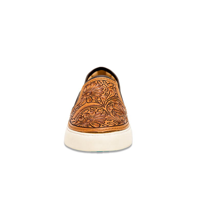 Brown and white hairon leather sneakers with intricate brown handtooled leather