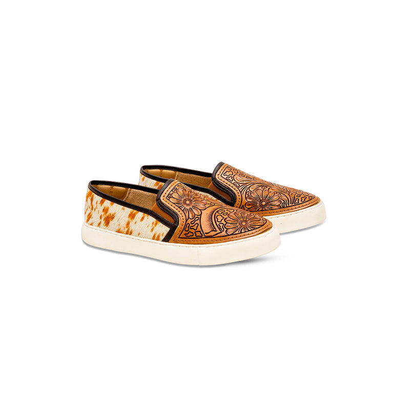 Brown and white hairon leather sneakers with intricate brown handtooled leather