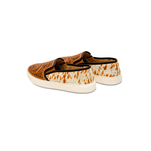 Brown and white hairon leather sneakers with intricate brown handtooled leather