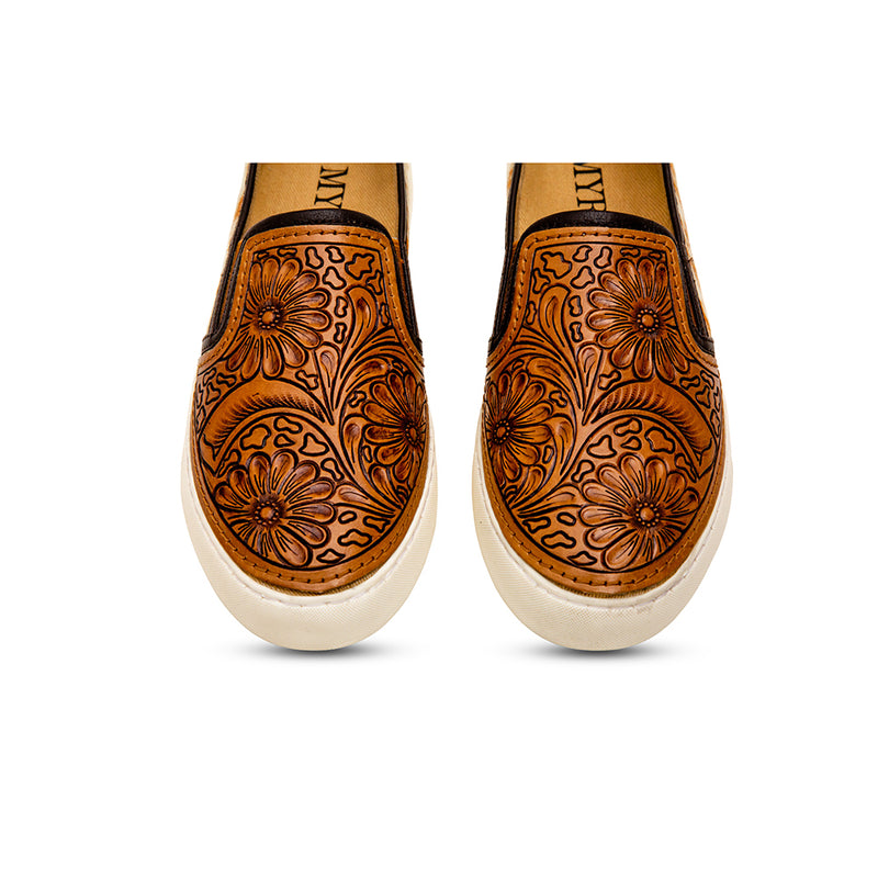 Brown and white hairon leather sneakers with intricate brown handtooled leather