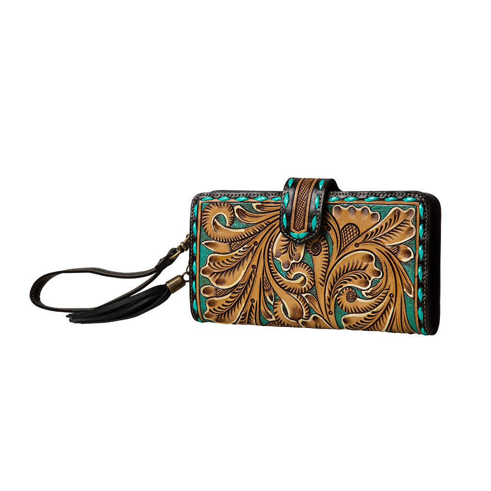 Myra Western Swing Hand Tooled Leather Wristlet Wallet