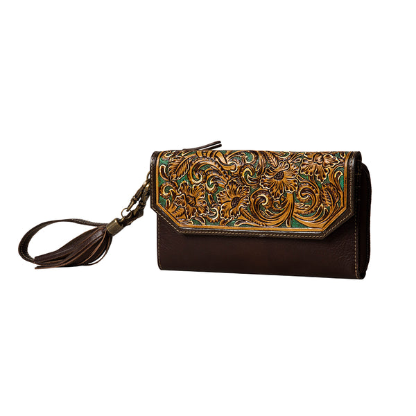 Magnolia Morn Hand-Tooled Clutch Wristlet Wallet