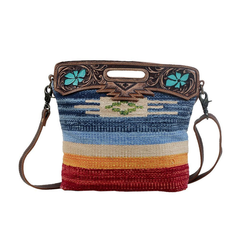 AZURE PETALS HAND TOOLED BAG.